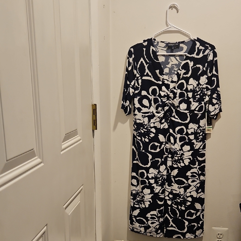 Jones New York Black and White Patterned Midi Dress